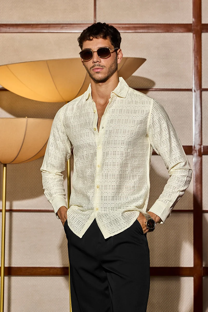 SNITCH Off White Textured Slim Fit Shirt